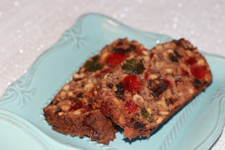 Nostalgic fruitcake on an antique plate.