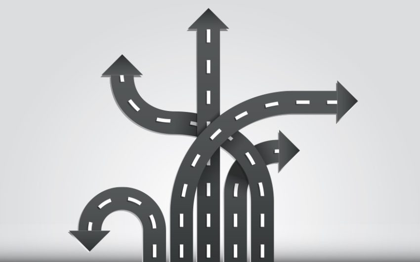 Illustration of roads crossing in a variety of directions.