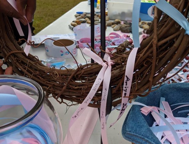 Memorial wreaths created by families who have lost a child to stillbirth.