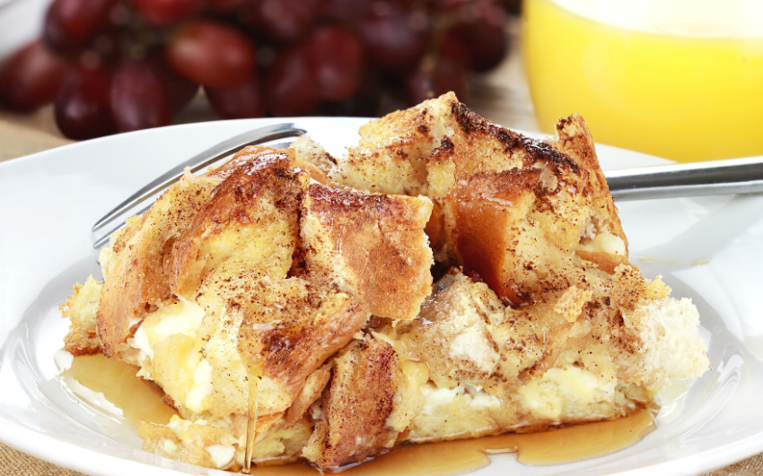 French toast casserole covered with syrup