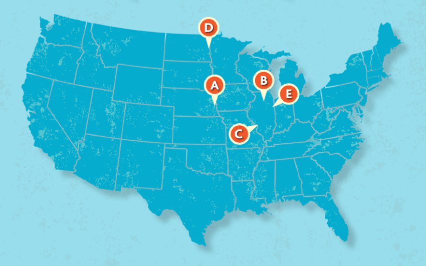 A map of the United States with markers identifying Royal Neighbors chapter locations.