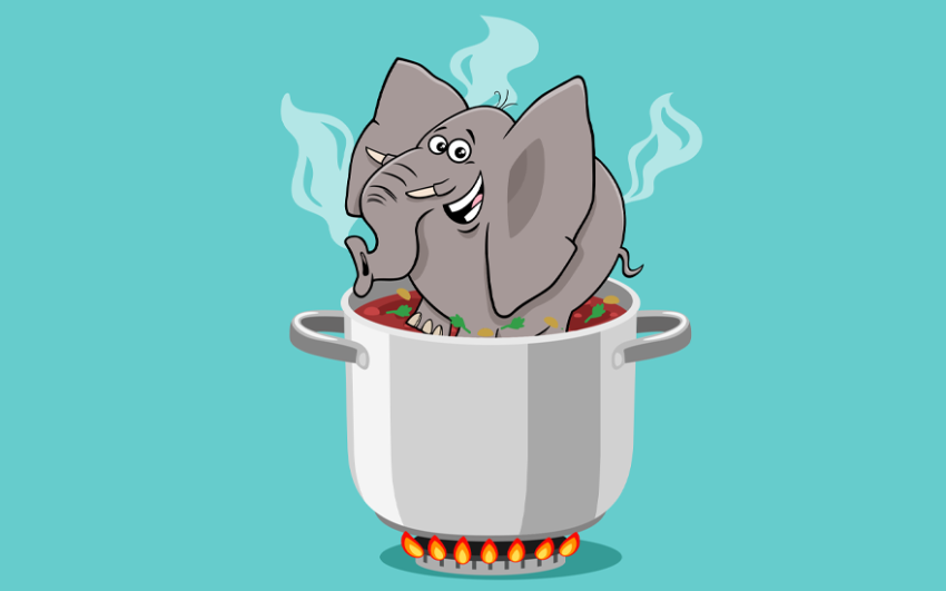 An elephant in a stock pot with boiling stew.