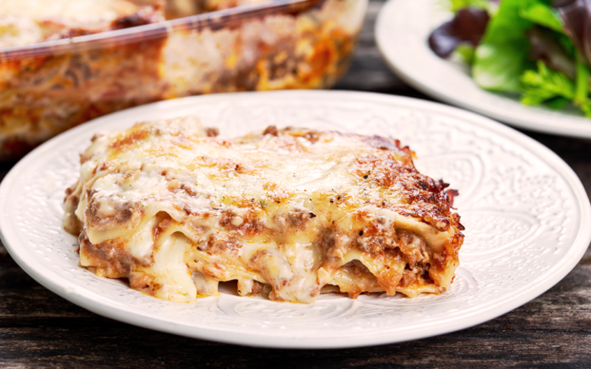 A full plate of cheesy lasagna