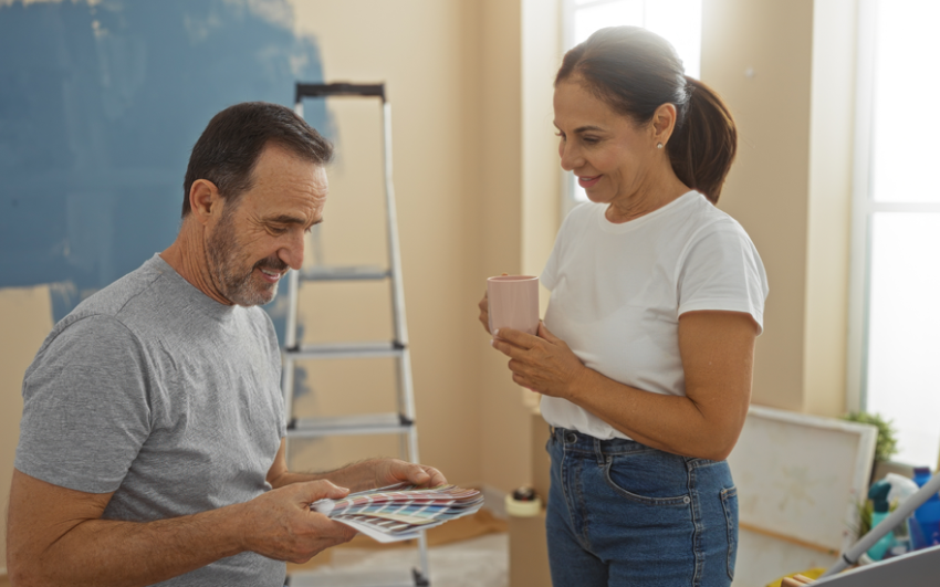 Middle aged Hispanic couple in a room selecting paint colors for home renovation.