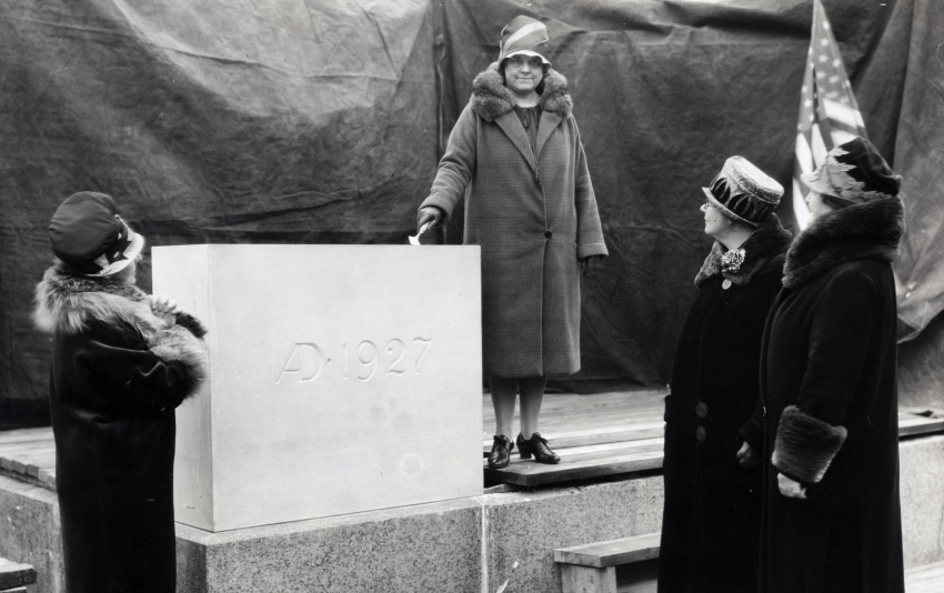 From left to right, Dr. E. Franc Morril, Ella Foster, Erna Barthel, and Supreme Oracle Mary Arnholt participate in the cornerstone laying of the Royal Neighbors of America National Headquarters in 1927.